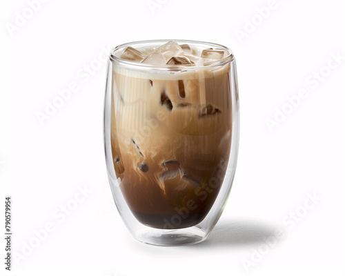 An  Iced Coffee Coffee Varieties Elegantly Presented in Double-Walled Glass Against a Minimalist White Background photo