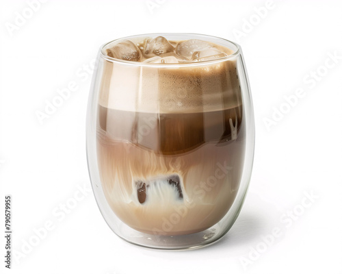 An  Iced Coffee Coffee Varieties Elegantly Presented in Double-Walled Glass Against a Minimalist White Background photo