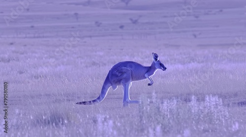 Arranges an aerial shot of a kangaroo leaping through open fields  the patches of warm brown in the landscape echoing the animal s fur  adding to the sense of motion and energy