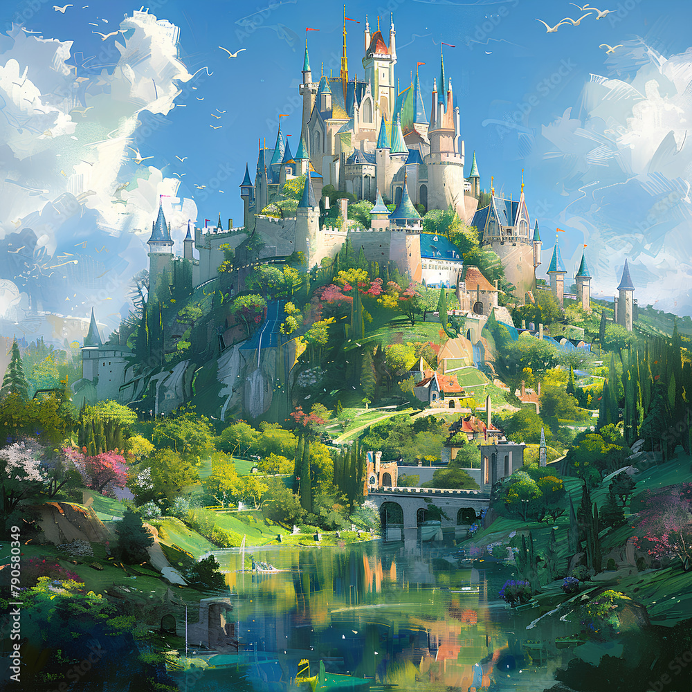 Illustrate a majestic castle perched atop a hill, surrounded by lush ...
