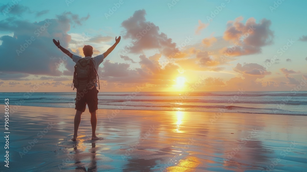 man raising arms up enjoying sunset on the beach looking morning sunrise - Self care, traveling, wellness and healthy life style concept
