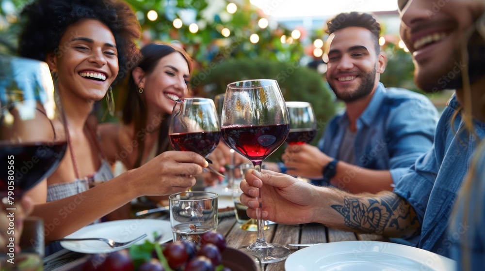 Multiracial young people enjoying rooftop dinner party together - Food and beverage concept with guys and girls having lunch break outside