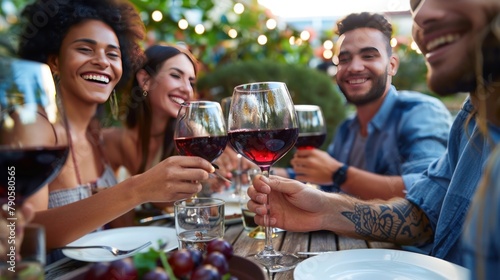 Multiracial young people enjoying rooftop dinner party together - Food and beverage concept with guys and girls having lunch break outside photo