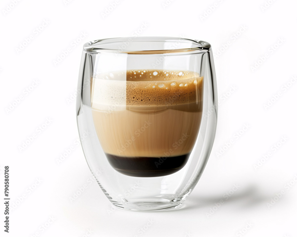 An Espresso Coffee Varieties Elegantly Presented in Double-Walled Glass Against a Minimalist White Background An Espresso Coffee Varieties Elegantly Presented in Double-Walled Glass Against a Minimalist White Background