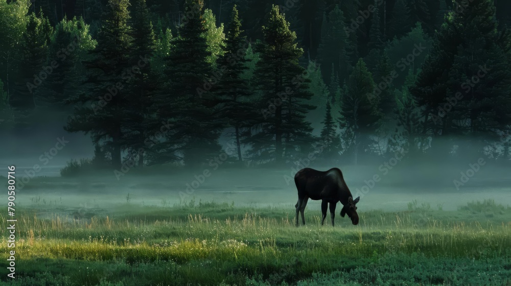 Uses early morning mist to enhance the silhouette of a moose grazing in a meadow, the deep greens of the grass and trees enveloping the scene in mystery and rugged beauty