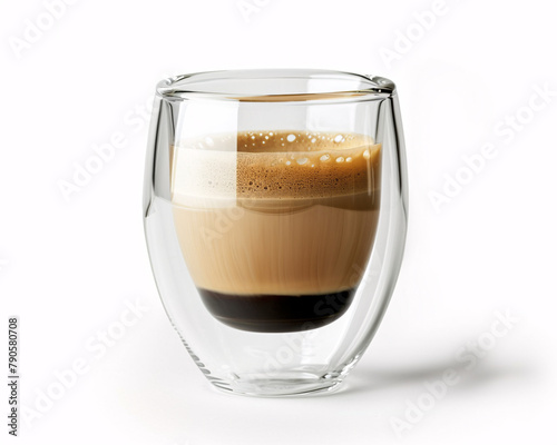 An Espresso Coffee Varieties Elegantly Presented in Double-Walled Glass Against a Minimalist White Background