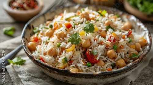 Chickpea Rice Dish Combined with Vegetables or Basmati Rice Pilaf with Chana Known as Chana Pulao