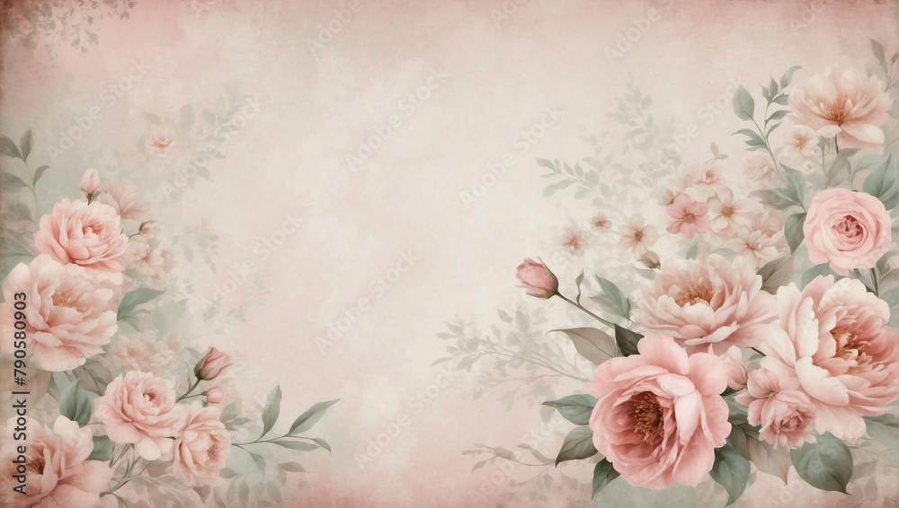 Soft and romantic shabby chic backdrop in muted blush pink tones with vintage-style abstract flowers, ideal for adding a feminine touch to your designs.