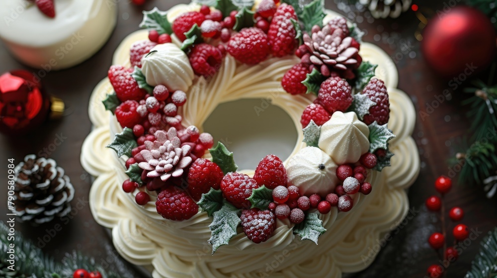 Creating Christmas themed wreath cakes a simple and delightful decoration idea A bird s eye view of the finished product Creating Christmas themed wreath cakes a simple and delightful decoration idea A bird s eye view of the finished product
