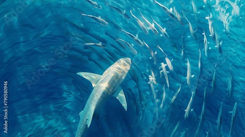 Uses drone photography to capture a shark moving through a school of fish  its path clear and determined  set against the deep blue canvas of the ocean