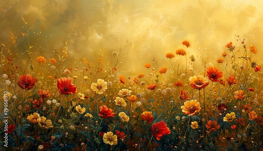 Obraz premium Sun-kissed Meadow: A vast expanse of wildflowers swaying gently in the breeze, bathed in the warm glow of the morning sun