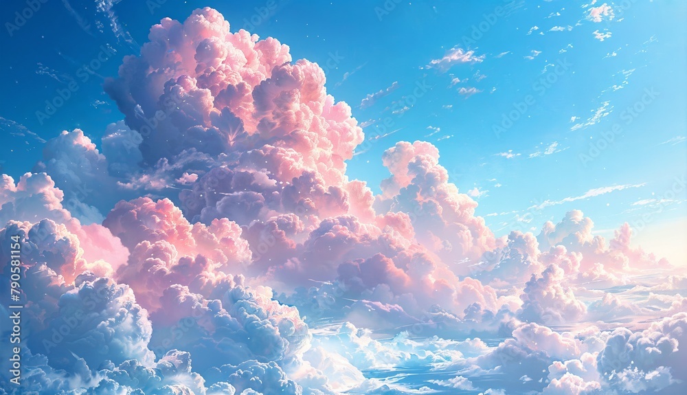 Dreamy Pastel Clouds: A watercolor painting of fluffy pastel clouds drifting across a clear blue sky, evoking a sense of tranquility and serenit