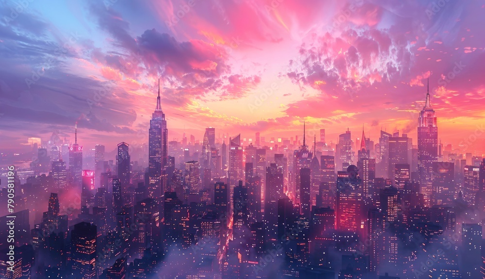 Obraz premium Glowing City Skyline: A panoramic view of a city skyline at dawn, with buildings illuminated in soft pastel hues, creating a magical atmosphere