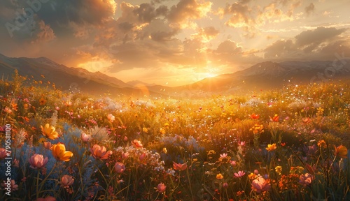 Sun-kissed Meadow  A vast expanse of wildflowers swaying gently in the breeze  bathed in the warm glow of the morning sun