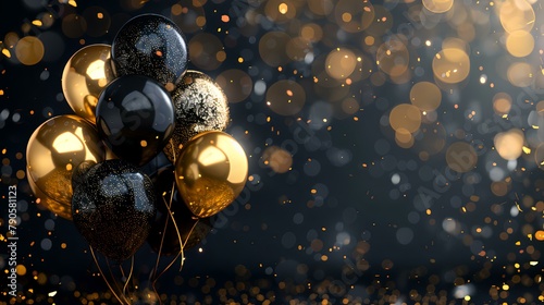 A sophisticated trio of black and gold balloons rises amidst a flurry of golden confetti, set against a dark, textured background for a luxurious celebration theme