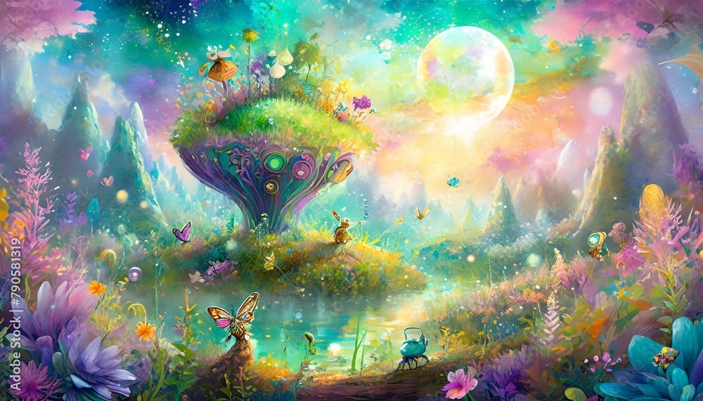 serene fantasy planet painted in soft pastel hues, featuring a detailed, vibrant foreground with whimsical flora and curious creatures, set against a gently blurred background 