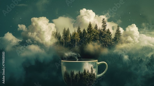 Conceptual Art Featuring Forest and Clouds in a Coffee Mug Depicting Hipster Adventure Outdoors photo