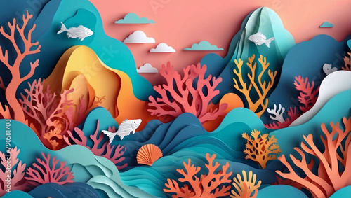 Vector D abstract background with paper cut shapes. Colorful carving art. Paper craft Coral Reef landscape with gradient colors.