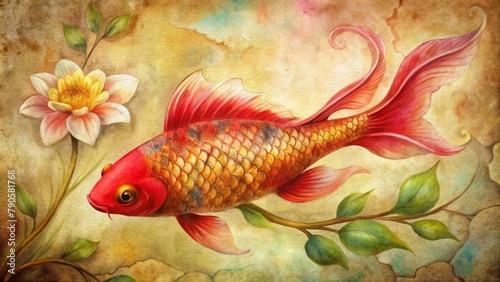Red carp, in the traditional Chinese painting style, on a vintage background with golden and brown tones.