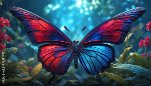 Fantasy butterfly with beautiful wings in blue and red color, glowing enhancements  © Mystery