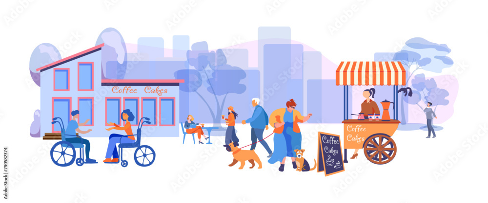 People going along city street trees. A woman with dogs approached a fast food cart. Urban panorama with buildings. The concept of including people with disabilities and people of different ages in