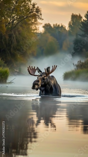 Showcases a moose wading through a misty river at dawn, the earthy browns of its body reflecting softly in the water, creating a serene yet powerful image of wilderness life