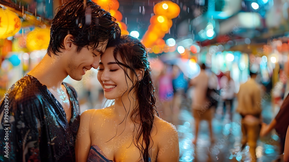 A couple indulge in moments of love and happiness. Dancing gracefully on the wet road after the rain Couple's expression It symbolizes pure happiness. It creates a magical and romantic atmosphere.