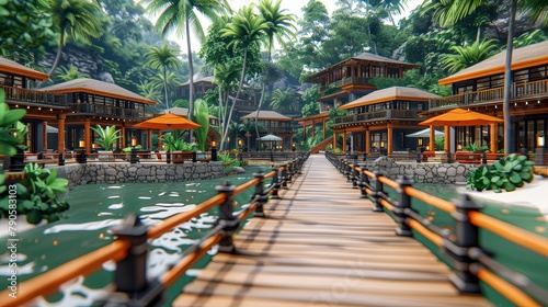 Wooden walkway through a luxury tropical resort © weerasak