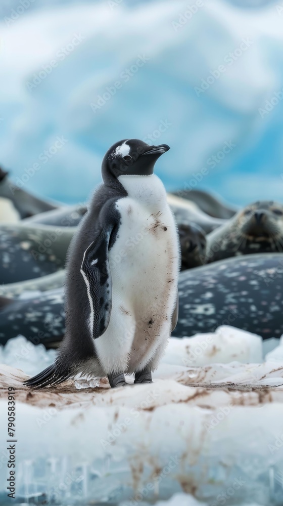 Fototapeta premium Photographs a young penguin cautiously approaching a group of resting seals, its black and white plumage stark against the cool blue ice, showcasing its curiosity in the frozen landscape