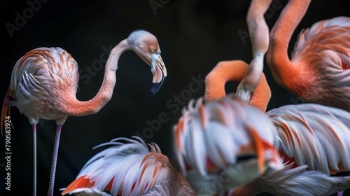 Photographs a young flamingo among adults, its slightly paler pink feathers standing out, illustrating the growth and development of grace in the natural world photo