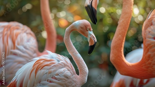 Photographs a young flamingo among adults, its slightly paler pink feathers standing out, illustrating the growth and development of grace in the natural world photo