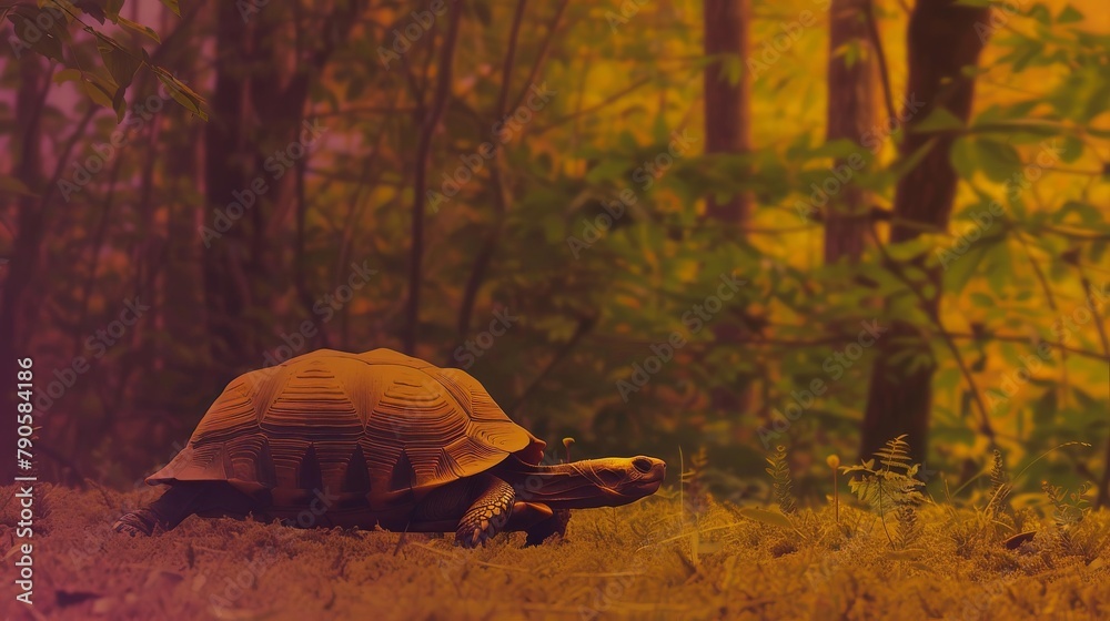 Photographs a land turtle slowly trekking across a forest floor, the ...