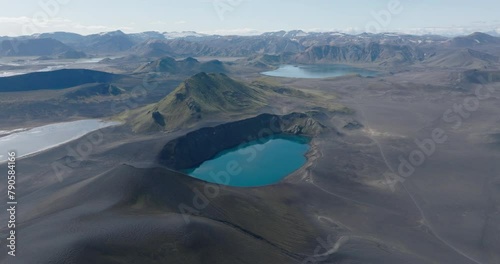 Aerial Backward Shot Of Famous Ljotipollur Lake In Rock Formation Under Sky - Unknown, Iceland photo