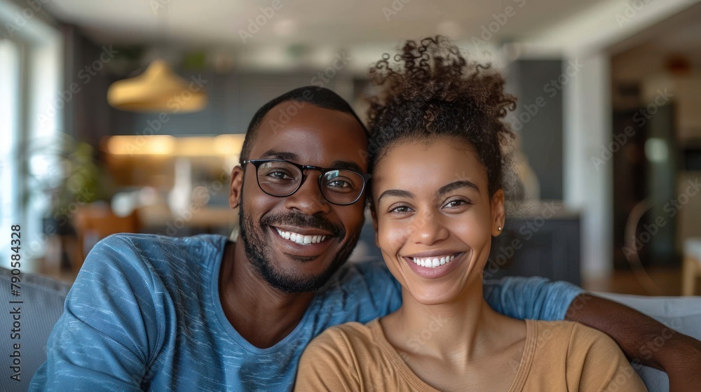 Cheerful multiracial couple sitting on sofa in the living room - Happy family moving in new home Cheerful multiracial couple sitting on sofa in the living room - Happy family moving in new home