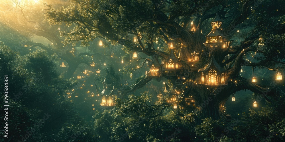 Fototapeta premium A fantasy scene of a hidden elven city in an ancient forest, with magical treehouses and glowing lights. Resplendent.