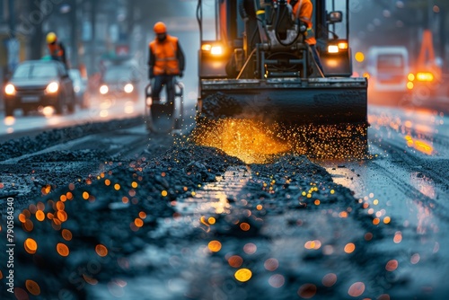 Action shot of hot asphalt being poured and spread on a new road construction site photo