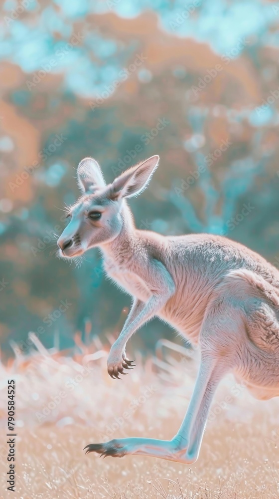 Photographs a kangaroo in midleap, the warm brown of its coat highlighted against the vibrant green of the Australian bush, showcasing its energy and agility Photographs a kangaroo in midleap, the warm brown of its coat highlighted against the vibrant green of the Australian bush, showcasing its energy and agility