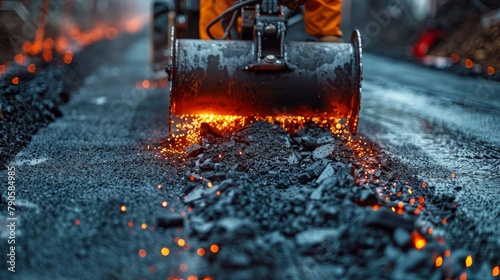 Vibrant scene of an asphalt compactor at work on a construction site photo