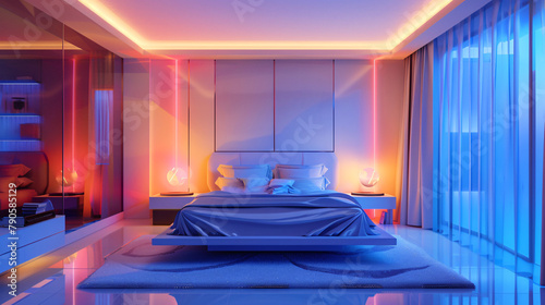 a beautiful clean  modern style bedroom with made bed  cleane  harmony  perfectly bright diffuse lighting 