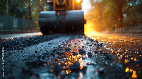Asphalt roller in action on a dynamic construction site at sunset photo