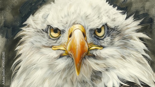 Captures the intense gaze of a bald eagle, its stark white feathers around the face highlighting the sharp yellow of its eyes, conveying the power and intensity of America s national bird