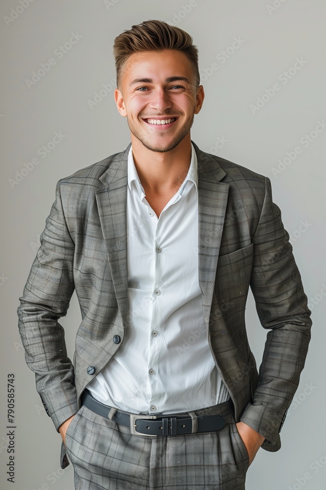 Fototapeta premium A young man with short hair style wearing suit hand in a pocket, on white background