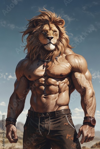 fight Lion head and muscular - Generative AI 