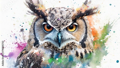 Watercolor owl close up with color splashes on white background © Zaheer