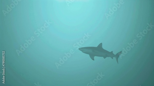 Captures a lone shark gliding through the shadowy depths  its sleek  dark gray form merging seamlessly with the murky waters  embodying the mysterious allure of the oceans depths
