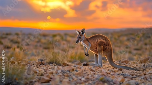 Captures a kangaroo boldly navigating the rugged terrain of the Australian Outback, its coat a rich orange that mirrors the fiery hues of the desert sunset