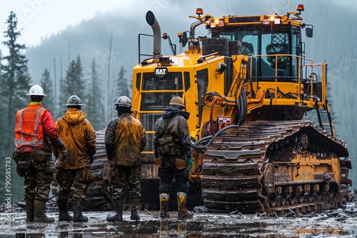 Team of loggers with heavy machinery in a misty forest setting photo