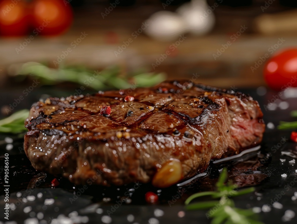 Ribeye Steak Grilled Seared Medium Rare Rosemary Char Grill Marks Juicy Close-Up Food Dining Dinner Blurred Background Image