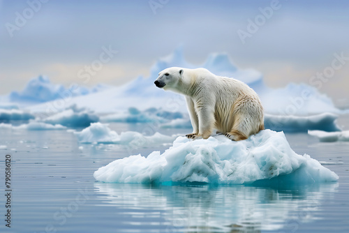 Polar bear on ice floe melting glacier, global warming..