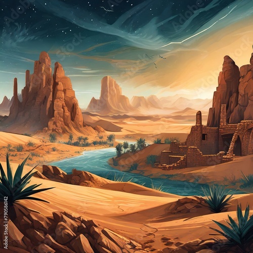  the vast desert landscape with , ancient ruins, and mysterious nomadic tribes.